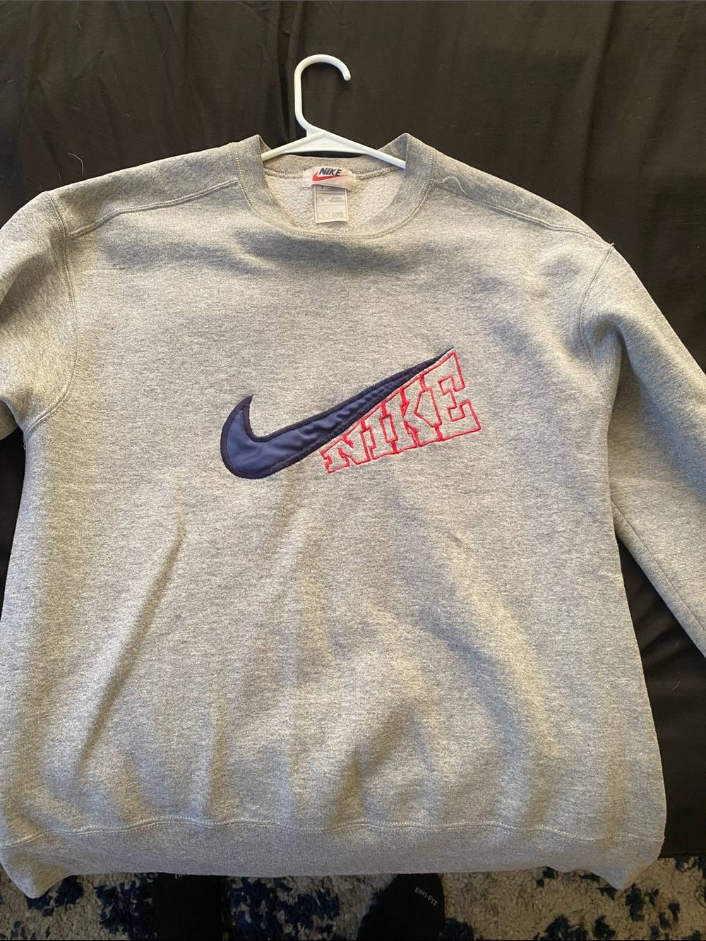 Nike Gray Crewneck Sweatshirt with Navy Swoosh and Red Outline